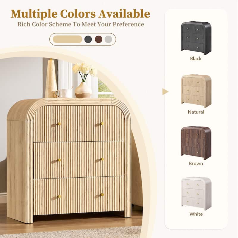 Modern Fluted 3 Drawers Dresser, Rounded Corner Chest of Drawers