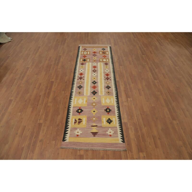 Hand Woven Oriental 100% Wool Carpet Southwestern Tribal Pink Kilim Runner Rug - 9' 9'' X 2' 11''
