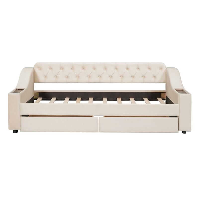 Twin Size Velvet Upholstered Daybed with Storage Armrests and USB Port