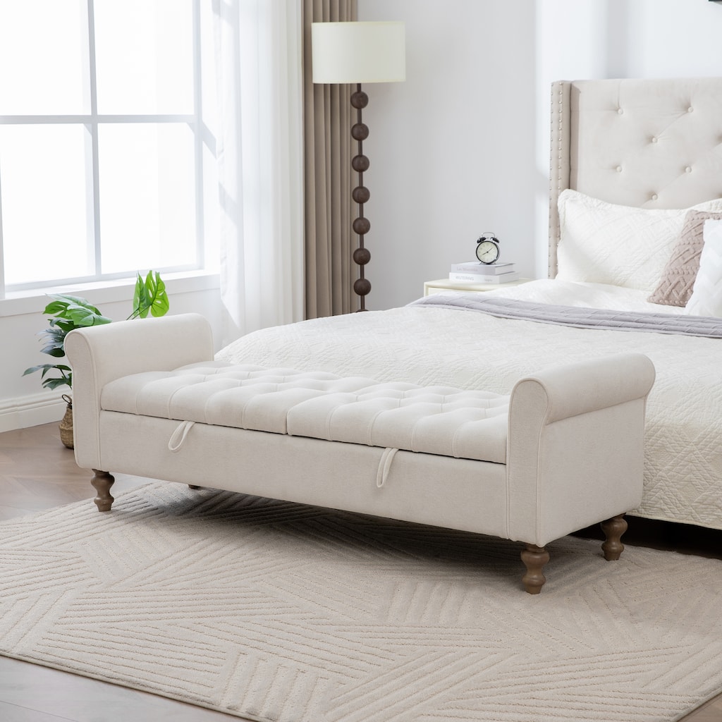 Large Storage Ottoman Bench, End of Bed Bench with Rolled Arms, Wood Legs, Button Tufted Storage Bench with Double Lids