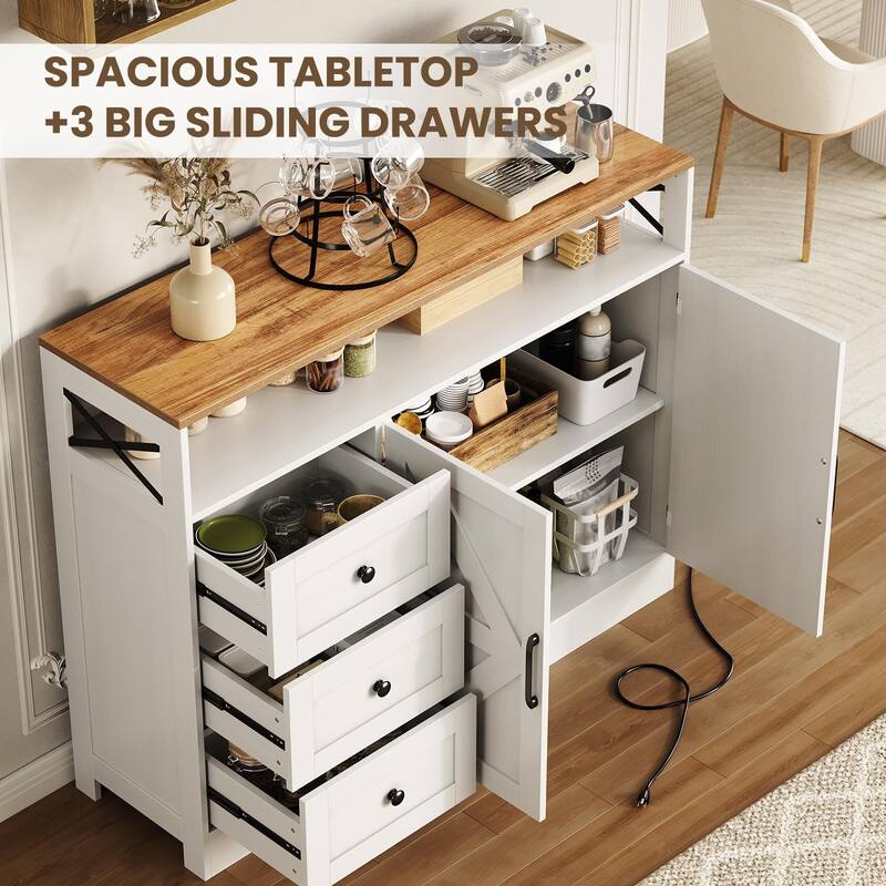 47inch Farmhouse Buffet Sideboard Cabinet, Wood Cupboard Storage Pantry Cabinet with Drawers, Coffee Bar Station Table