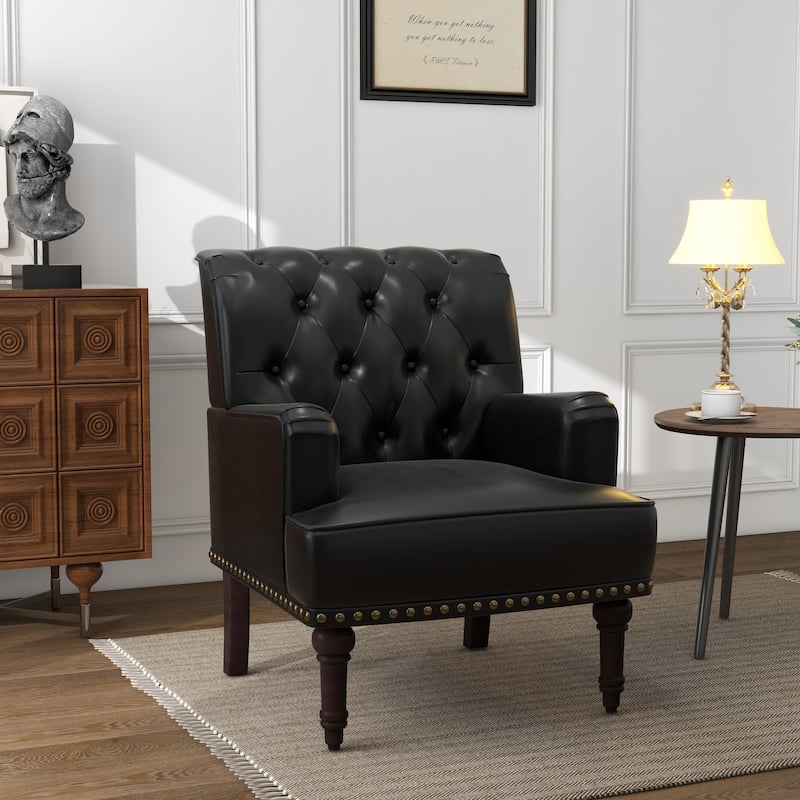 Tufted Vegan Leather Accent Chairs Armchairs with Nailhead Trim - Black