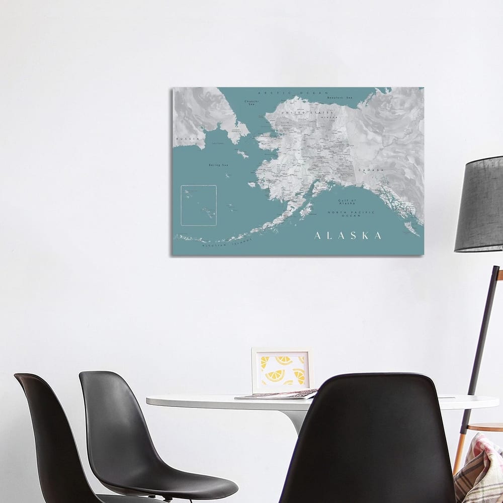 iCanvas "Gray And Teal Watercolor Detailed Map Of Alaska" by blursbyai Canvas Print