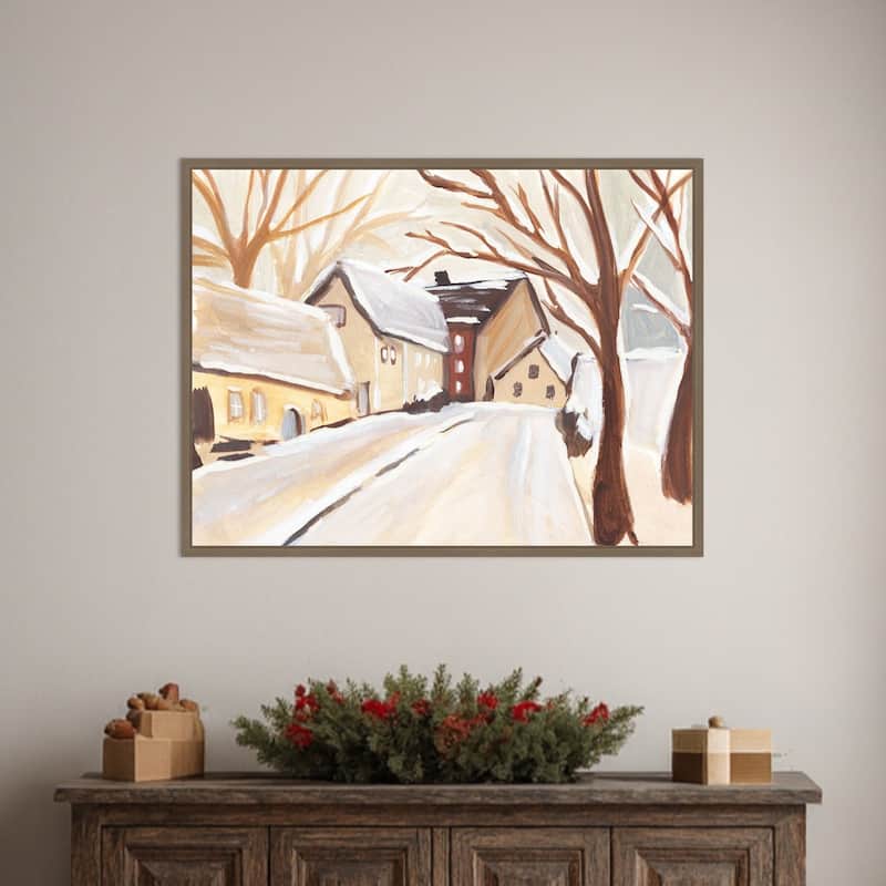 Snowy Street I by Annie Warren Framed Canvas Wall Art Print - Sylvie Dark Gold