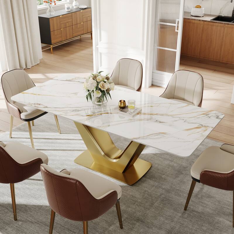 71'' Modern Rectangular Dining Table for 6, White Glossy Sintered Stone top with Gold Stainless Steel Legs - White&Gold