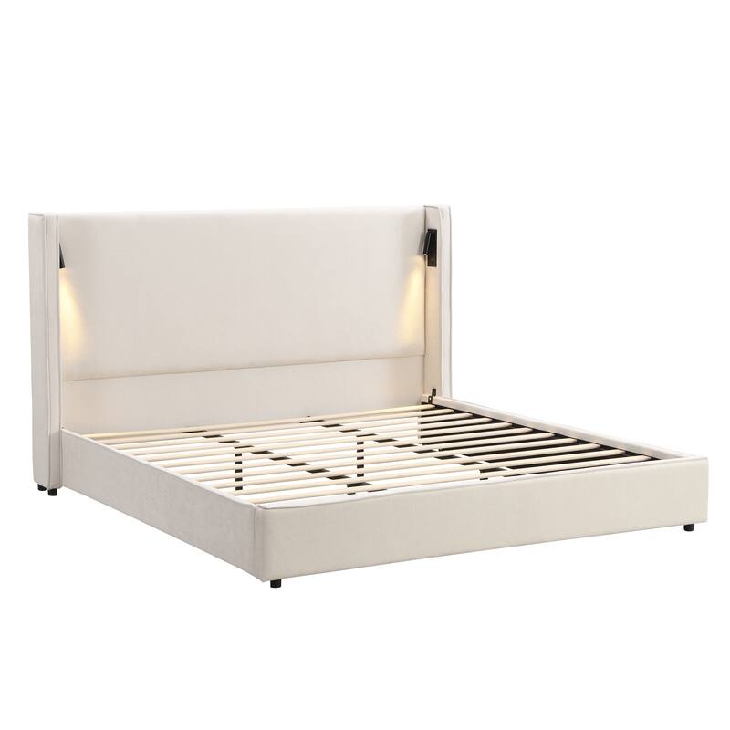Beige Upholstered Bed Frame with High Wingback Headboard, Reading Lamp and USB Port, Low-Profile Platform Bed for Bedroom