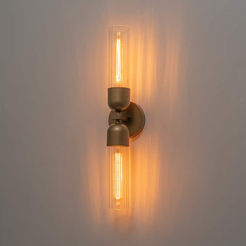 Modern 2-Light Wall Sconce with Ribbed Glass Tube Shades - Brass - 5" W x 4.6" D x 23.4" H