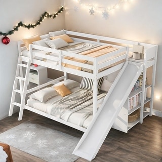 Full over Full Bunk Bed with Ladder, Slide and Shelves, White