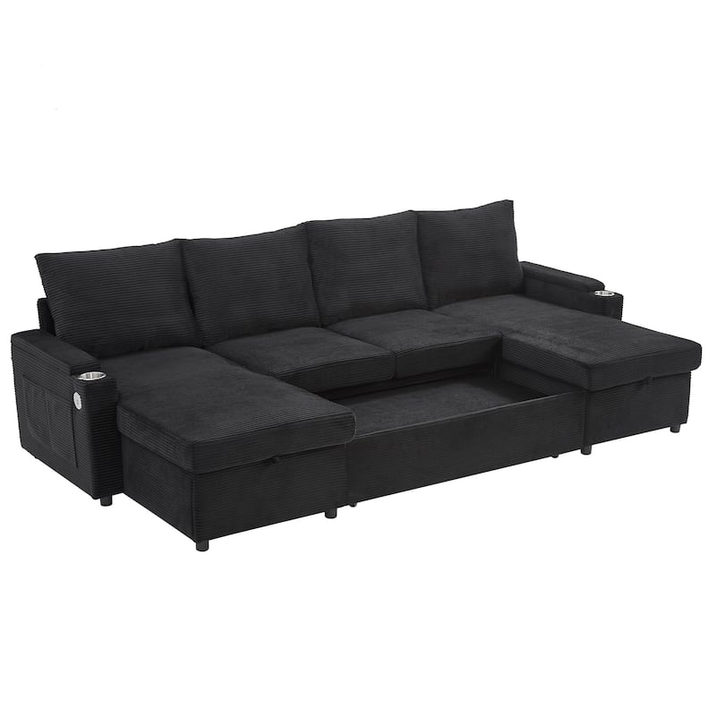 Convertible Sofa Bed with Pull Out Bed, U-Shaped Sectional Sofa with Dual Storage Chaise Lounges, USB Ports & Cup Holders