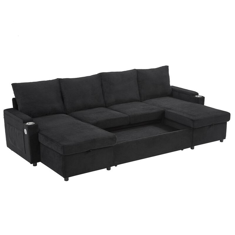 U-Shaped Sectional Sofa Convertible Sleeper Sofa with Dual Storage Chaise Lounges, Cup Holders, USB, Storage Boxes and Pockets