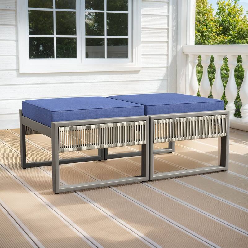 Gymojoy Outdoor Wicker Ottomans, Weatherproof Footstools with Cushions - 2-Piece - Blue