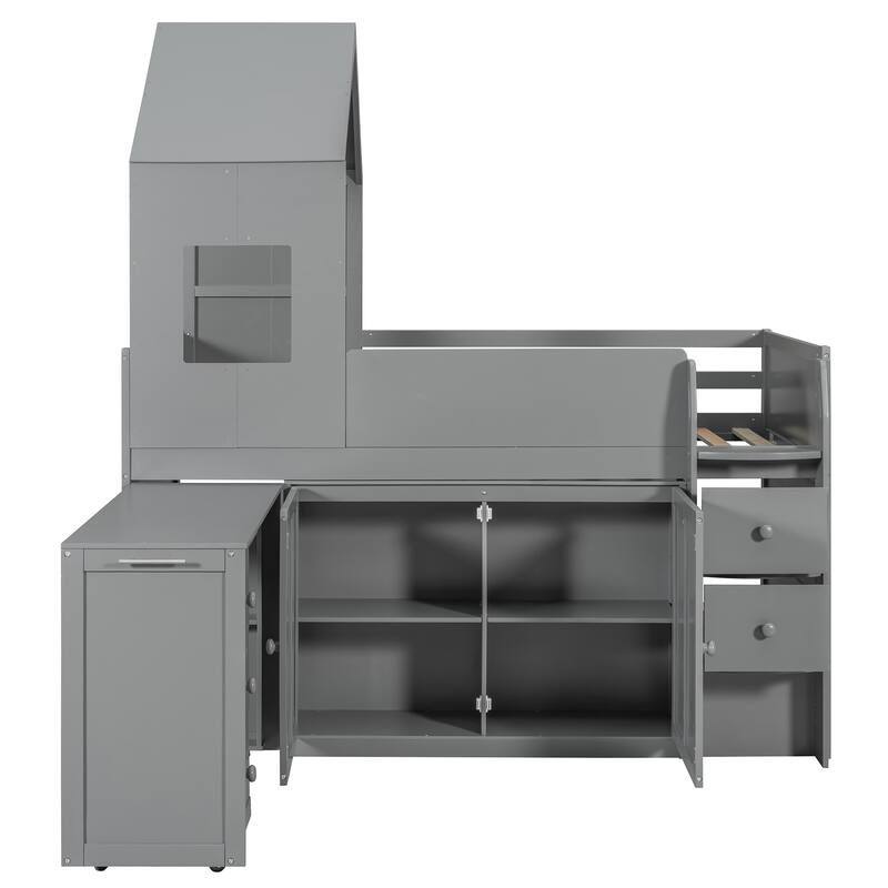 Twin Wood Loft Bed with Desk, Drawers & Cabinets, Space-Saving Design