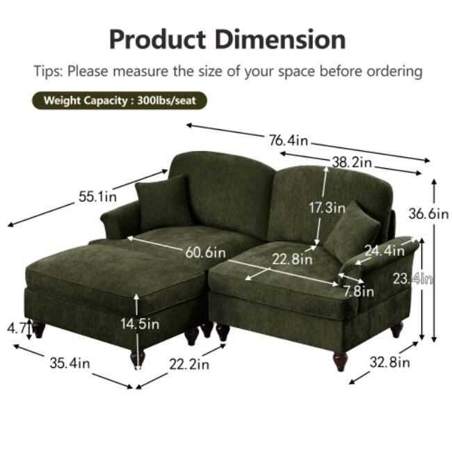 GDFStudio - Elegant Mid-Century Chenille 2-Seater 76.4" L-Shaped Modular Loveseat Sofa with Ottoman