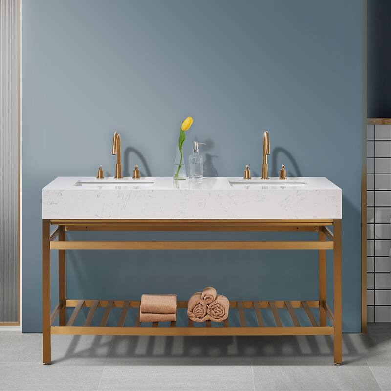 Altair Merano Stainless Steel Vanity Console with Stone Countertop, no Mirror - 60 in, - Brushed Gold