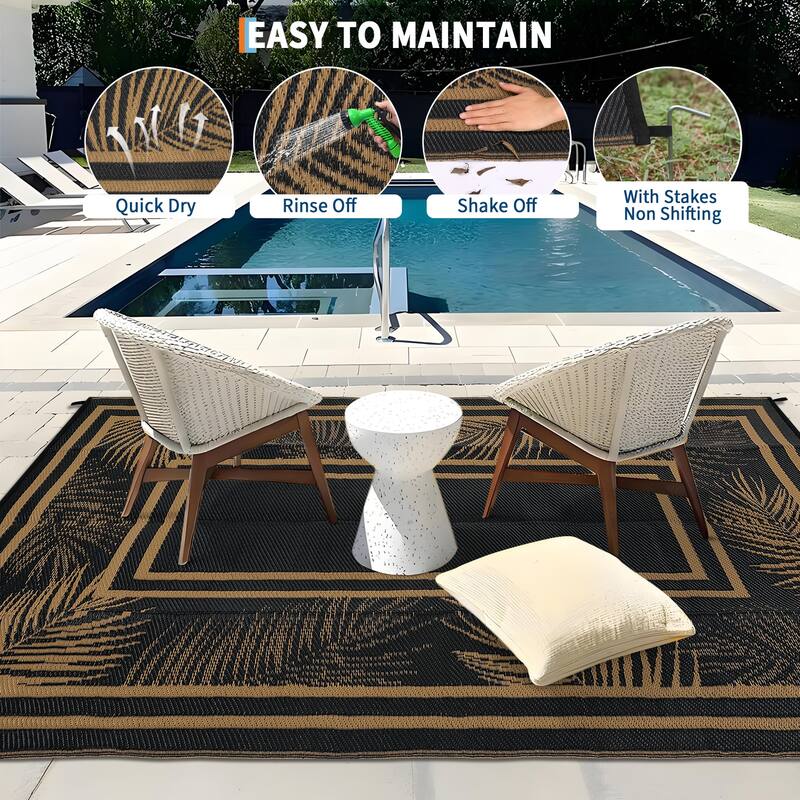 Outdoor Rug Waterproof Plastic Straw Rug Portable Camping Rug Leaves Pattern Outdoor Carpet for RV Porch Deck Camper