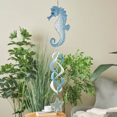 Blue Metal Swirl Wind Spinner Sea Horse Windchime with Starfish Accent