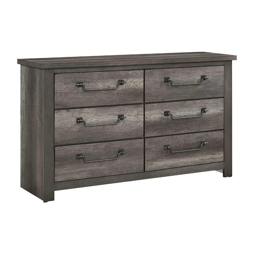Nemy 59 Inch Dresser, 6 Drawers, Gray Melamine Board, Drop Handles