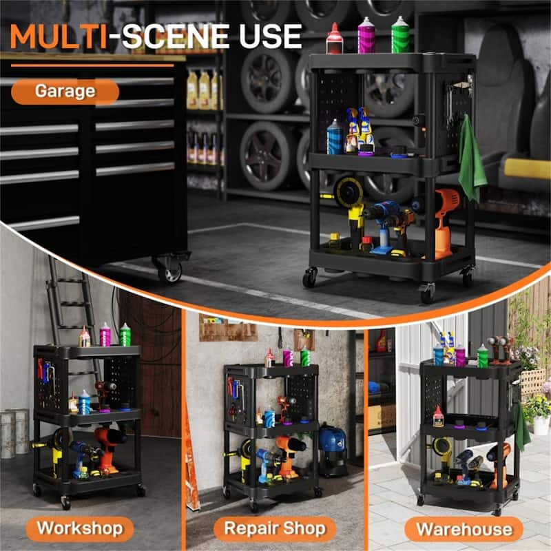 Three-Tier Mobile Rolling Tool Cart with Hooks and Storage Holes for Garage Workshop Organizer - 22.2" W x 18.7" D x 35" H