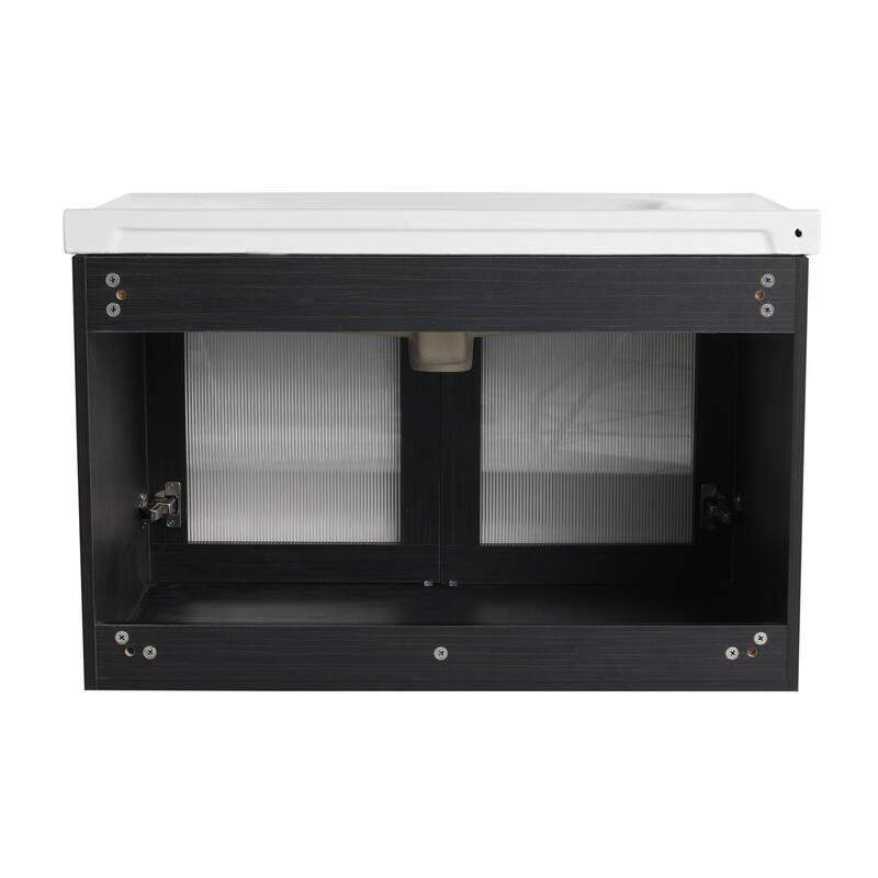 Wall-Mounted Bathroom Vanity with Ceramic Sink, Soft-Closing Doors, and Metal Handles, Black Chestnut Finish - 31.9in L Plywood