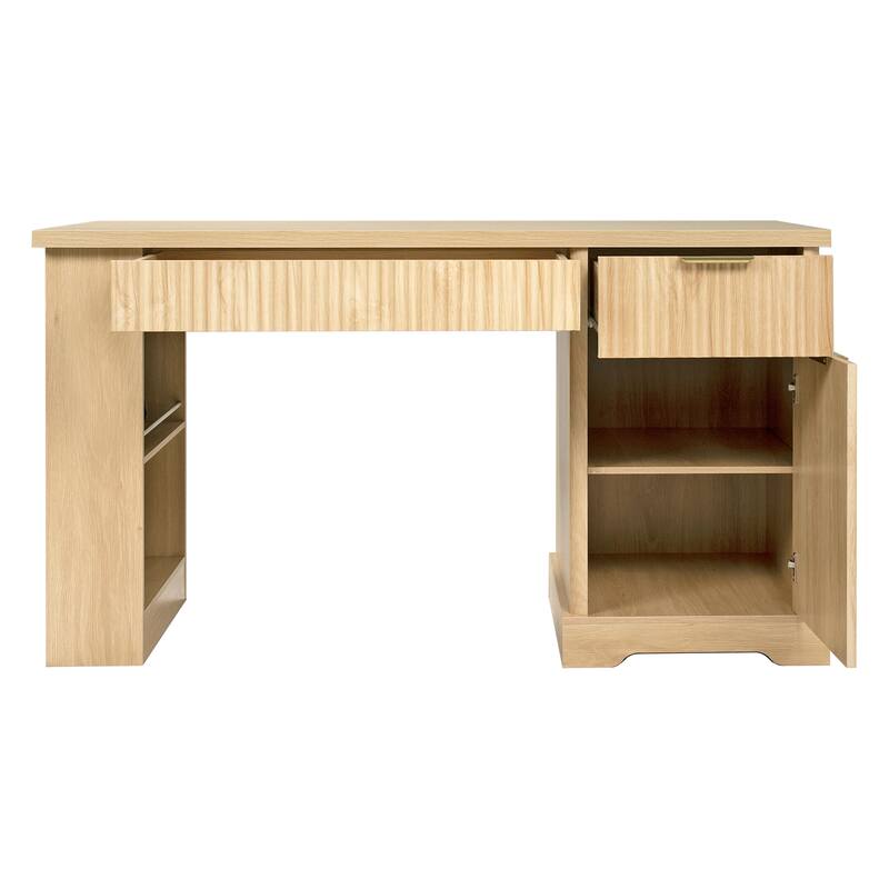 55" Modern Office Desk with Storage, Power Outlet, Pegboard & Keyboard Tray