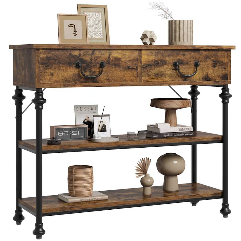 Narrow Console Table with Drawers and Shelves for Entryway - Brown