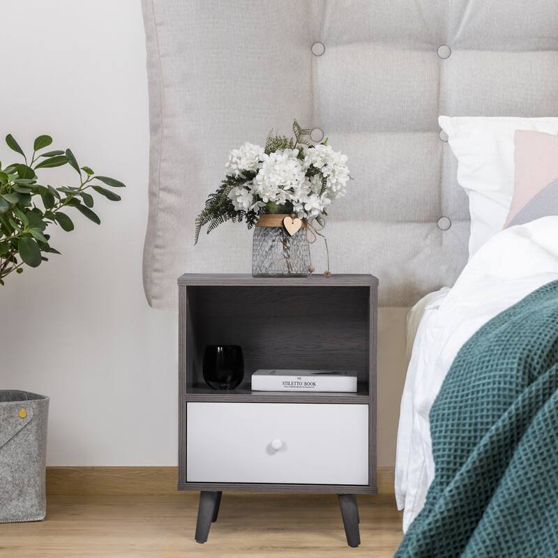 Pine Wood Morden Single Drawer Nightstand Side Table(Set of 2)