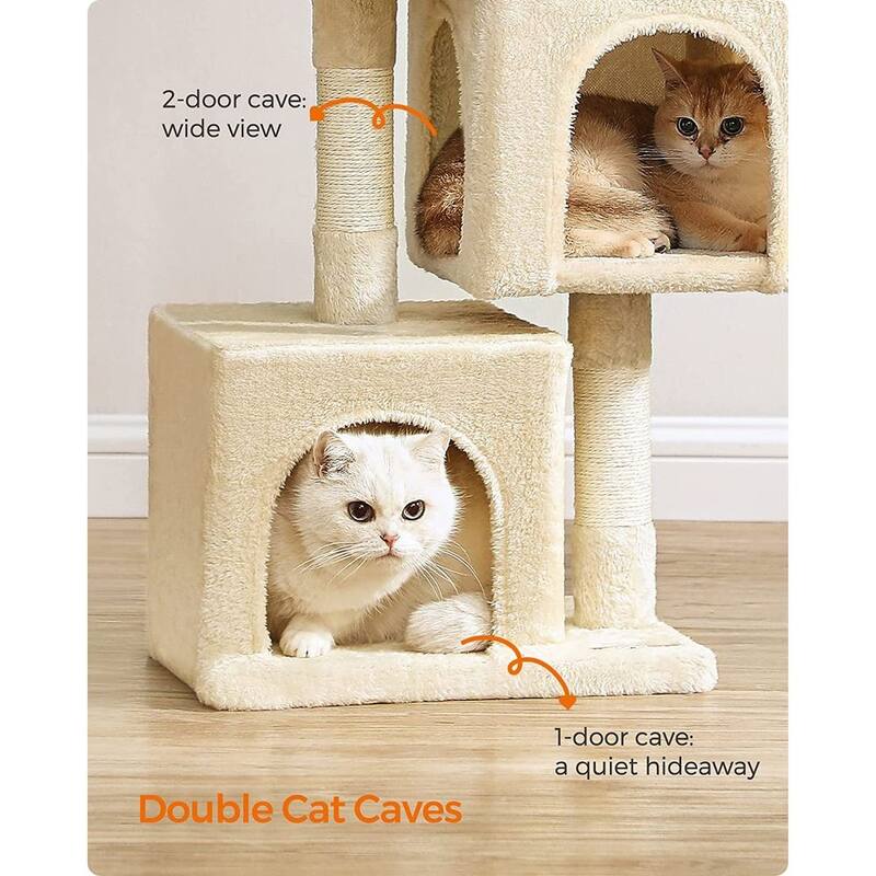 Plush Multi-Level Cat Tower with 2 Spacious Cat Caves and Scratching Posts