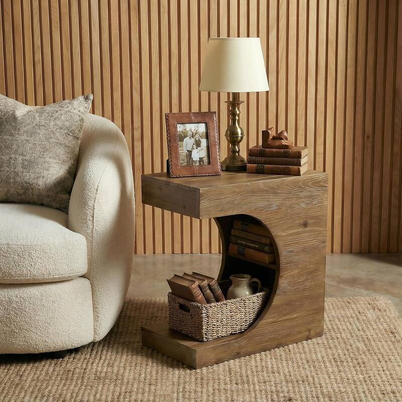 Solid Wood End Table, Modern C-Shaped Side Table with 2-Tier Storage, Minimal Rustic Couch Bedside Table Nightstand