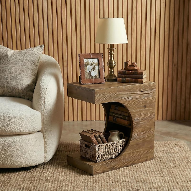 Solid Wood End Table, Rustic C-Shaped Side Table