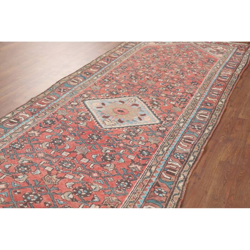 Geometric Hamedan Persian Vintage Runner Rug Hand-Knotted Wool Carpet - 3'7" x 10'3"
