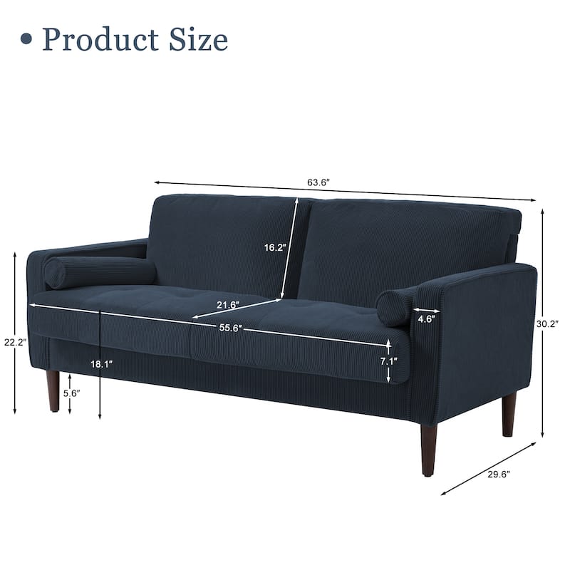 Modern Corduroy 2 Seater Sofa with Bolster Pillows