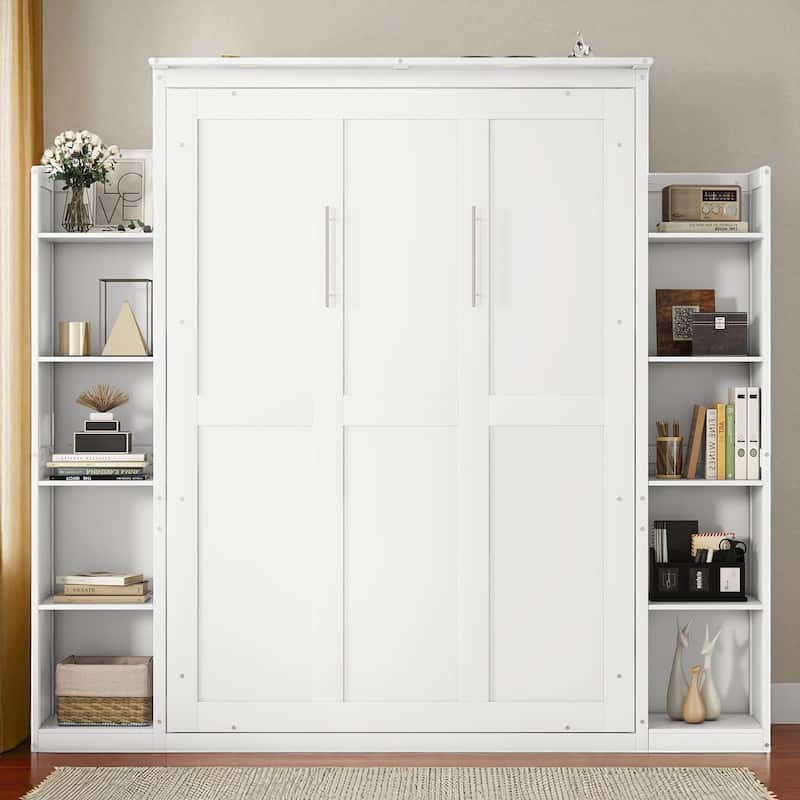 Full/Queen Murphy Wall Bed with Shelves & LED, Dual-Piston, 8 in Mattress, 600 lb Capacity, Space-Saving