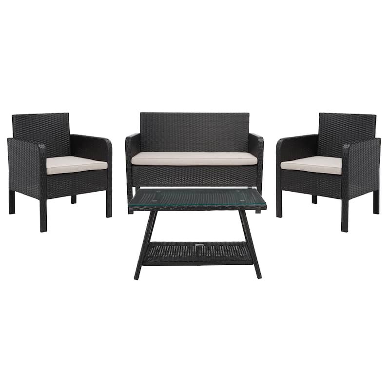 SAFAVIEH Outdoor Aboka Wicker/ Steel 4-piece Patio Conversation Set - Black/Light Grey