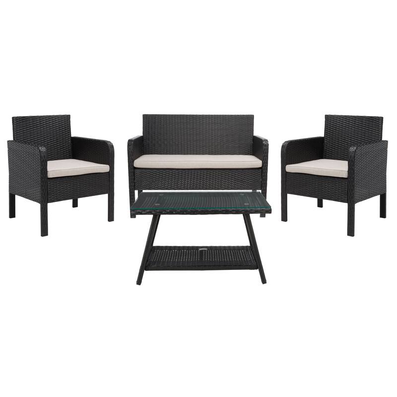 SAFAVIEH Outdoor Zsolt Wicker/ Steel 4-Piece Patio Conversation Set - 42W x 31D x 21H - Black/Light Grey