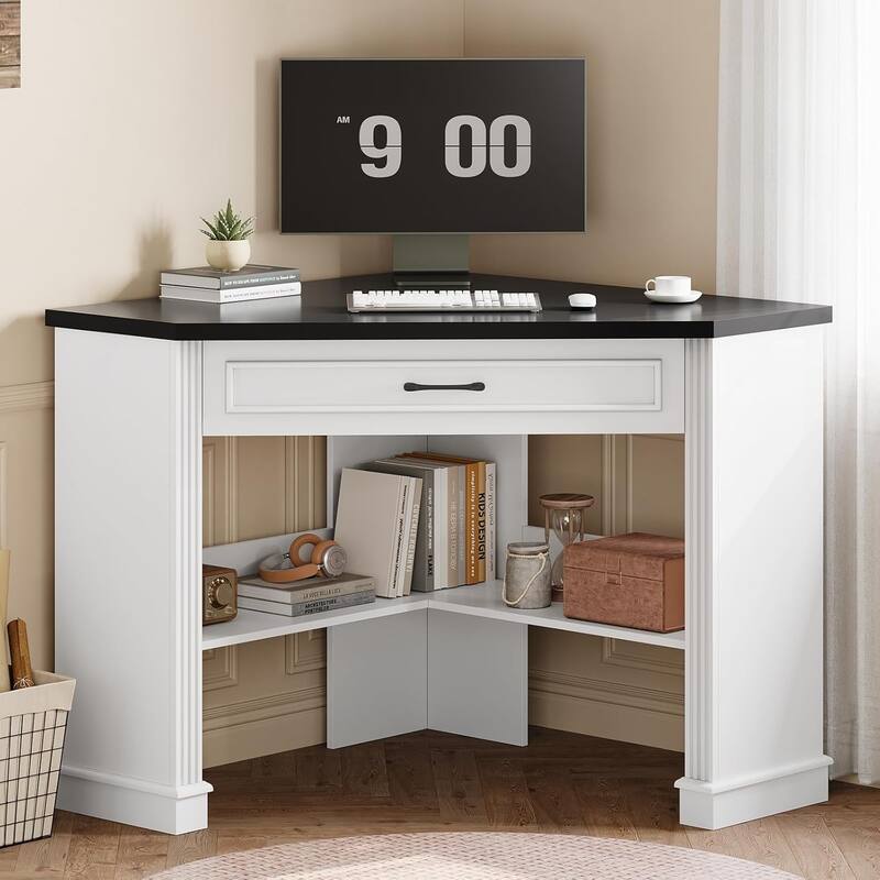 Small Corner Desk Triangle Computer Desk Drawer Storage Shelves