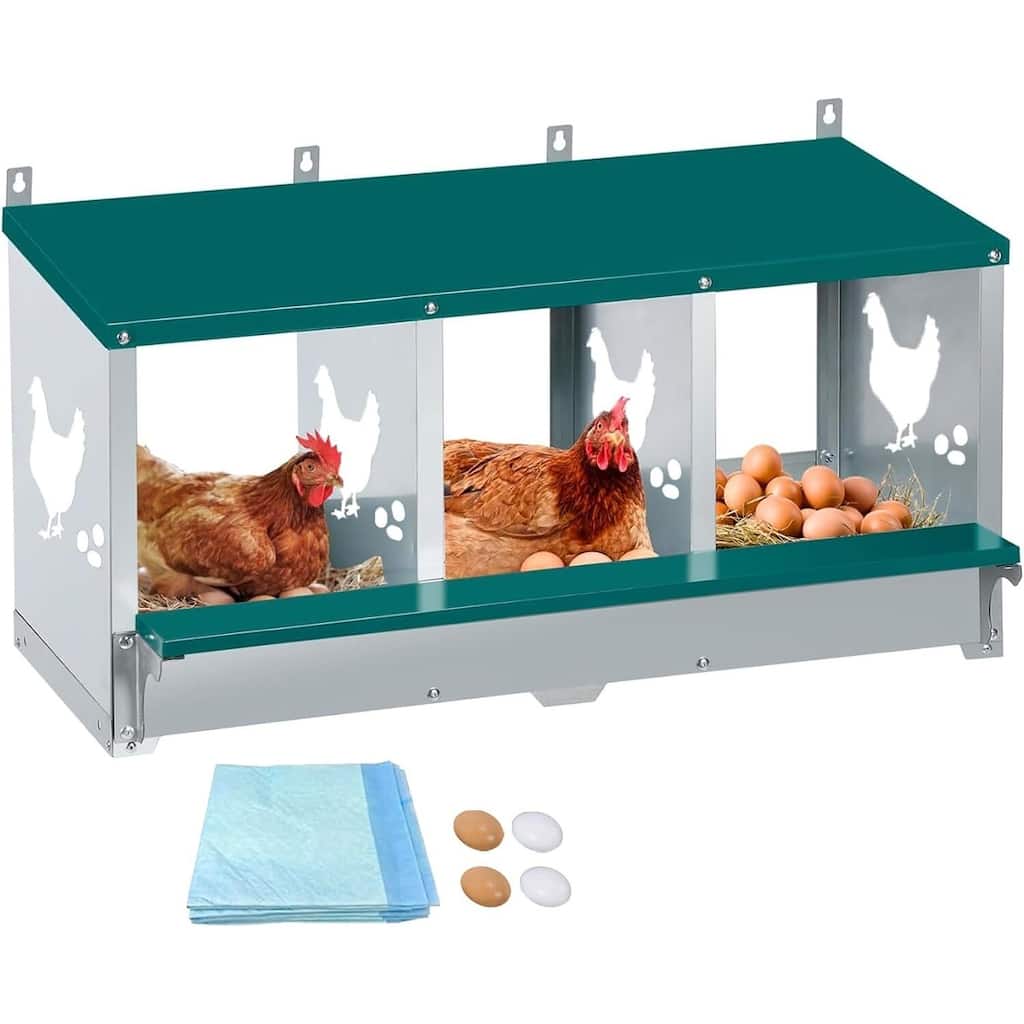 Metal Chicken Nesting Boxes for Hens with 4 Fake Eggs, 10 Soft Nest Pads - Green