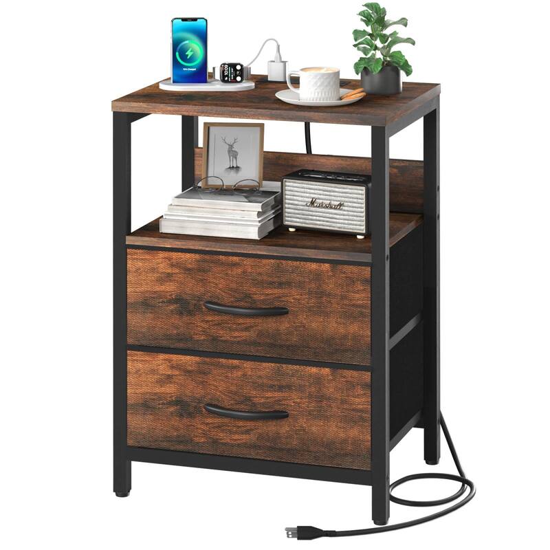 Nightstand with Charging Station, Small Night Stand with Fabric Drawers,Small Spaces Bedside Table with USB Ports & Outlets - Black/Distressed Oak