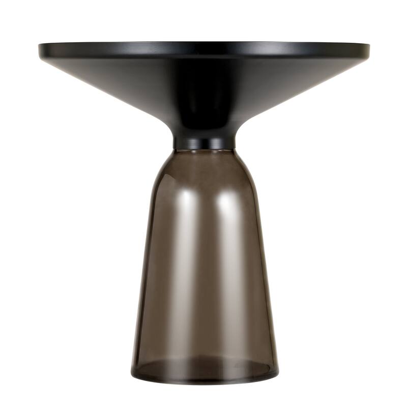 19-Inch Side Table Round Glass/Stone Tabletop End Table with Black Iron Rim and Glass Base