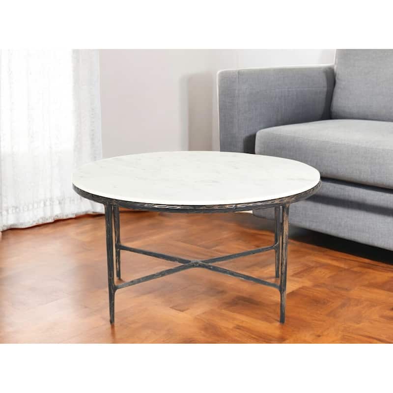HomeRoots 36" White And Brown Genuine Marble And Aluminum Round Coffee Table - 36' X '18' X '36 - White