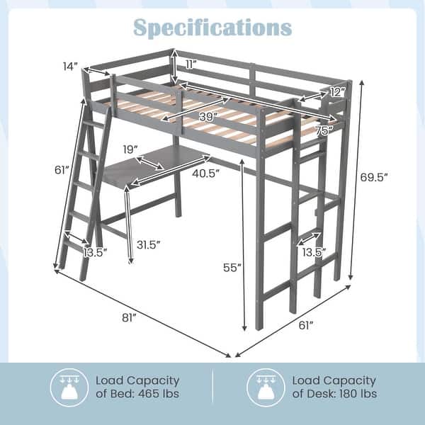 dimension image slide 2 of 3, Costway Twin Size Loft Bed w/ Desk & Shelf 2 Ladders & Guard Rail for