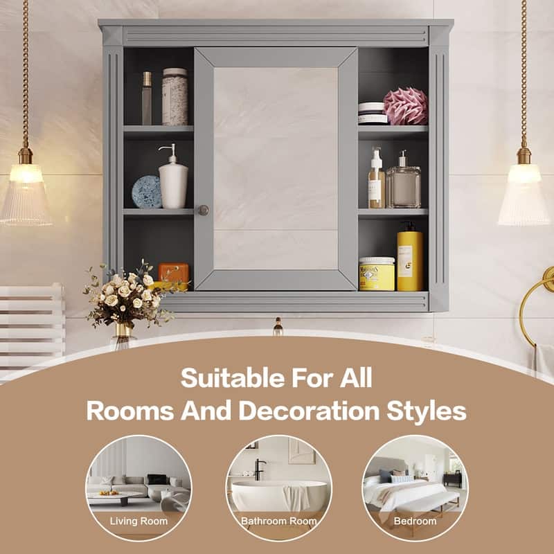 35" x 28" Wall-Mounted Medicine Cabinet, Modern Bathroom Mirror Storage Cabinet with 6 Open Shelves