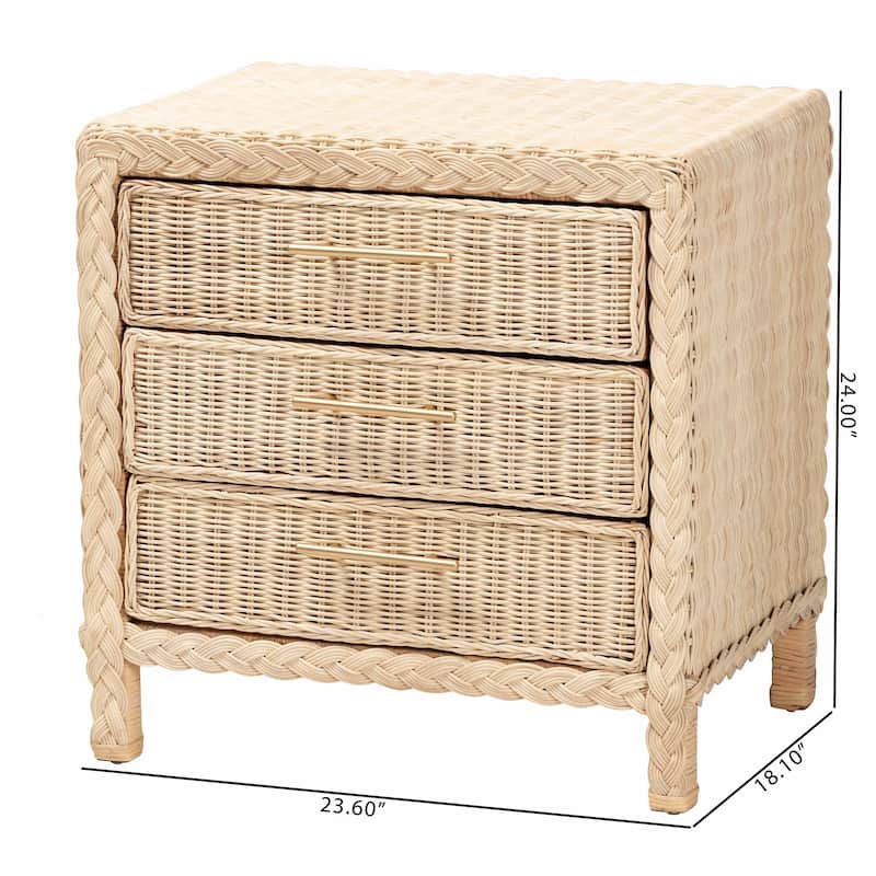 Lanica Japandi Sun Bleached Rattan 3-Drawer Nightstand