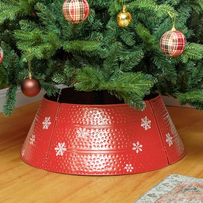 26" Red Christmas Tree Collar with Snowflake Design and Metal Base Cover for Holiday Decor - 26" x 9" H