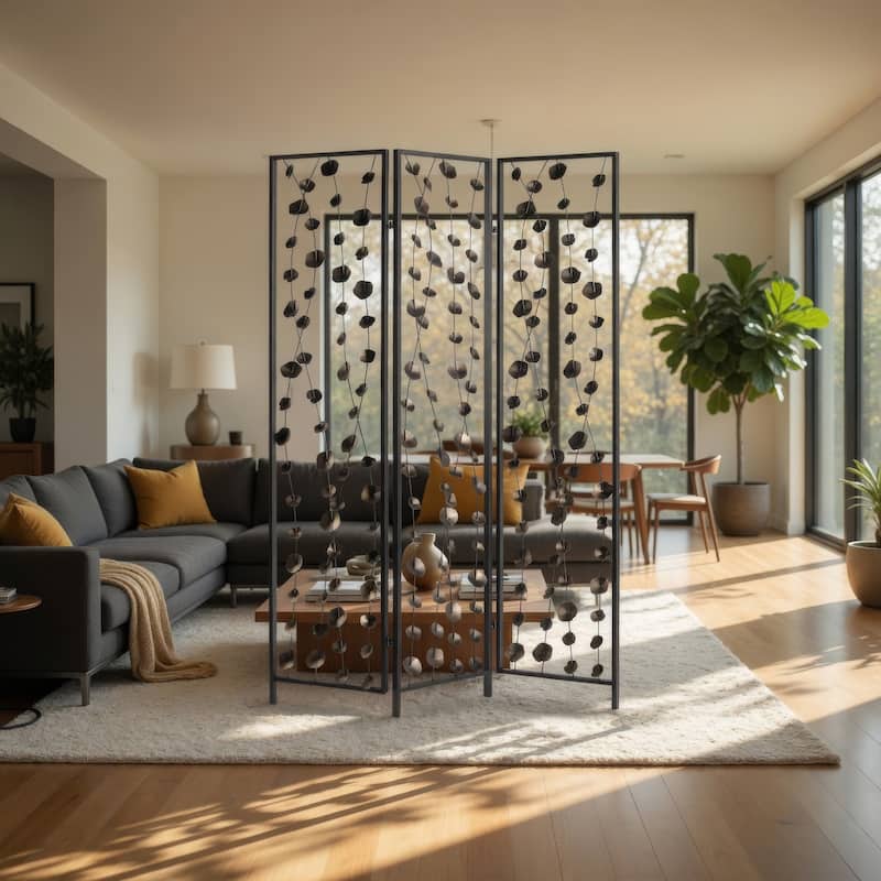 Transitional 3 Panel Metal Screen with Intricate Flower Design, Black