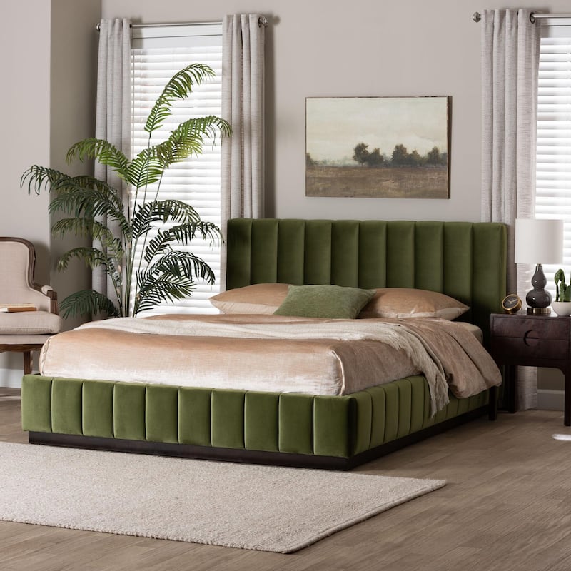 Granger Velvet Upholstered Platform Bed with Channel Tufted Headboard, Modern Low Profile Bed Frame