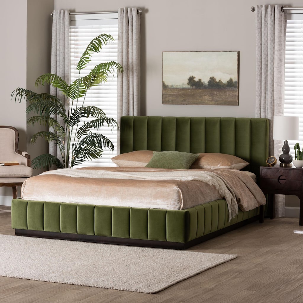 Granger Velvet Upholstered Platform Bed with Channel Tufted Headboard, Modern Low Profile Bed Frame