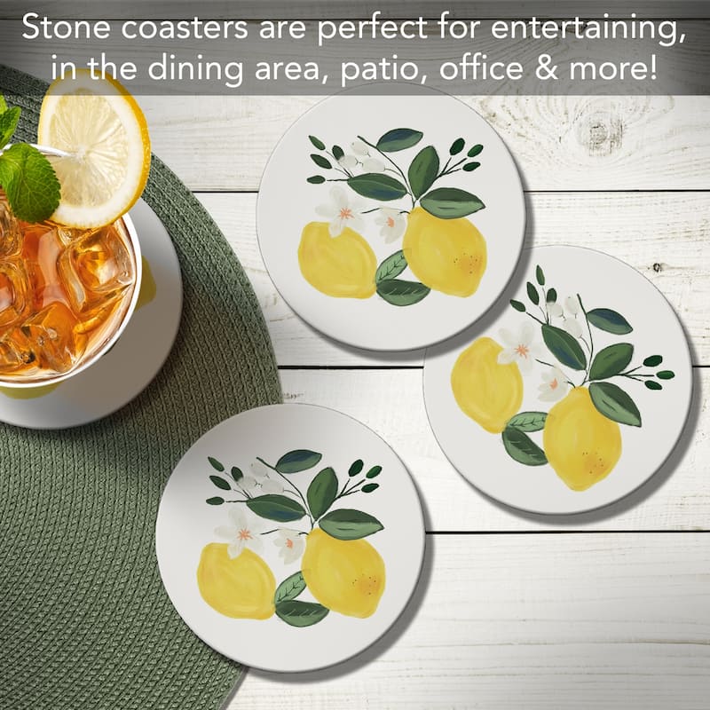 Lemon Blossom 4 Pack Absorbent Stone Coasters with Protective Cork Backing Made in The USA Absorbent Easily Wipes Clean