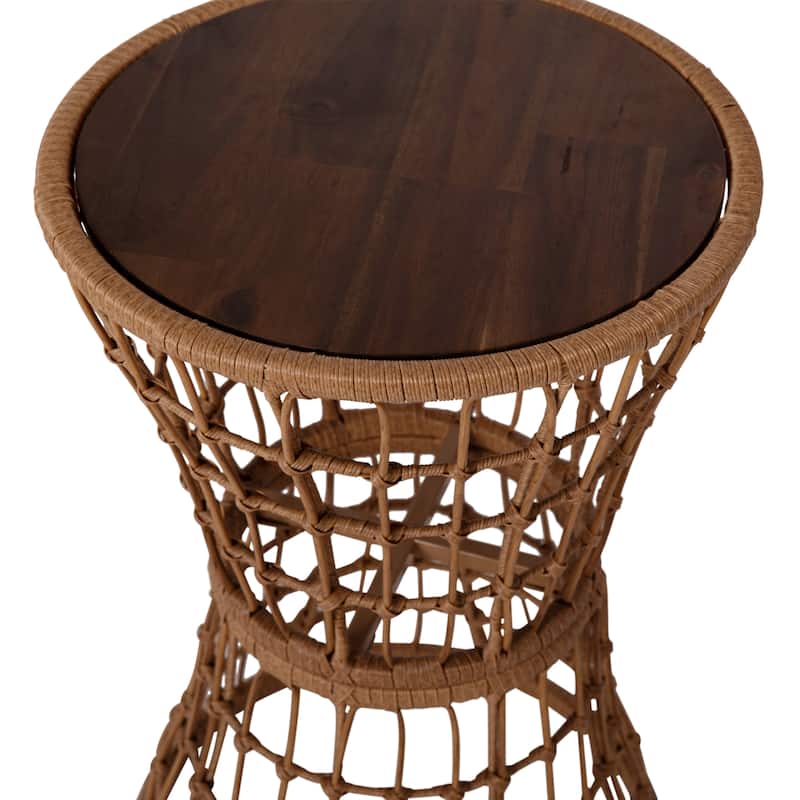 Indoor/Outdoor Boho Rattan Rope Table with Acacia Wood Top - 15.75"W x 15.75"D x 25"H