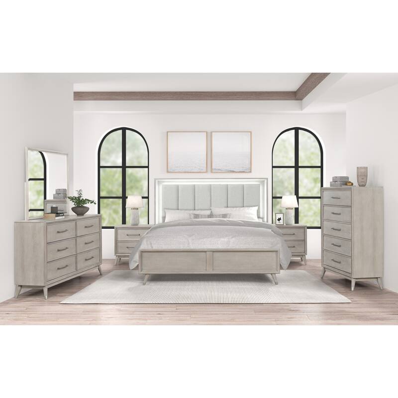 Roundhill Furniture Seluna 6-Piece Bedroom Set with Touch LED Lighting, Gray Oak Finish - King