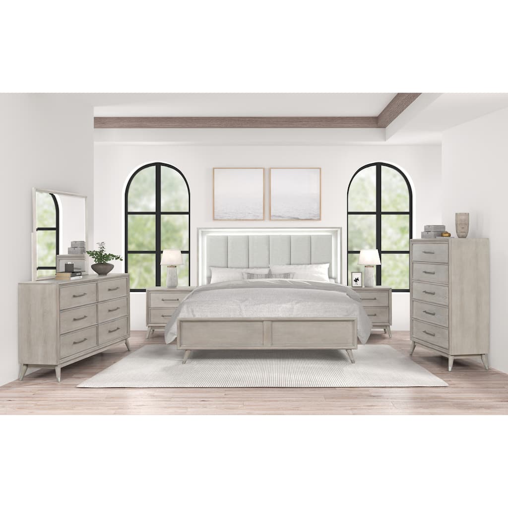 Roundhill Furniture Seluna 6-Piece Bedroom Set with Touch LED Lighting, Gray Oak Finish